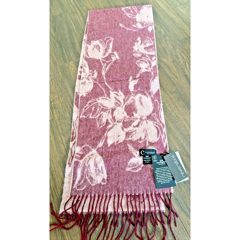 C by Bloomingdale's Women's 100% Cashmere Floral Scarf Fringe Trim Pink Burgundy